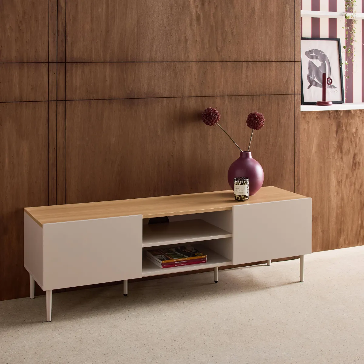 sweeek Mobile TV in metallo e decorazione in legno 2 ante, 140cm