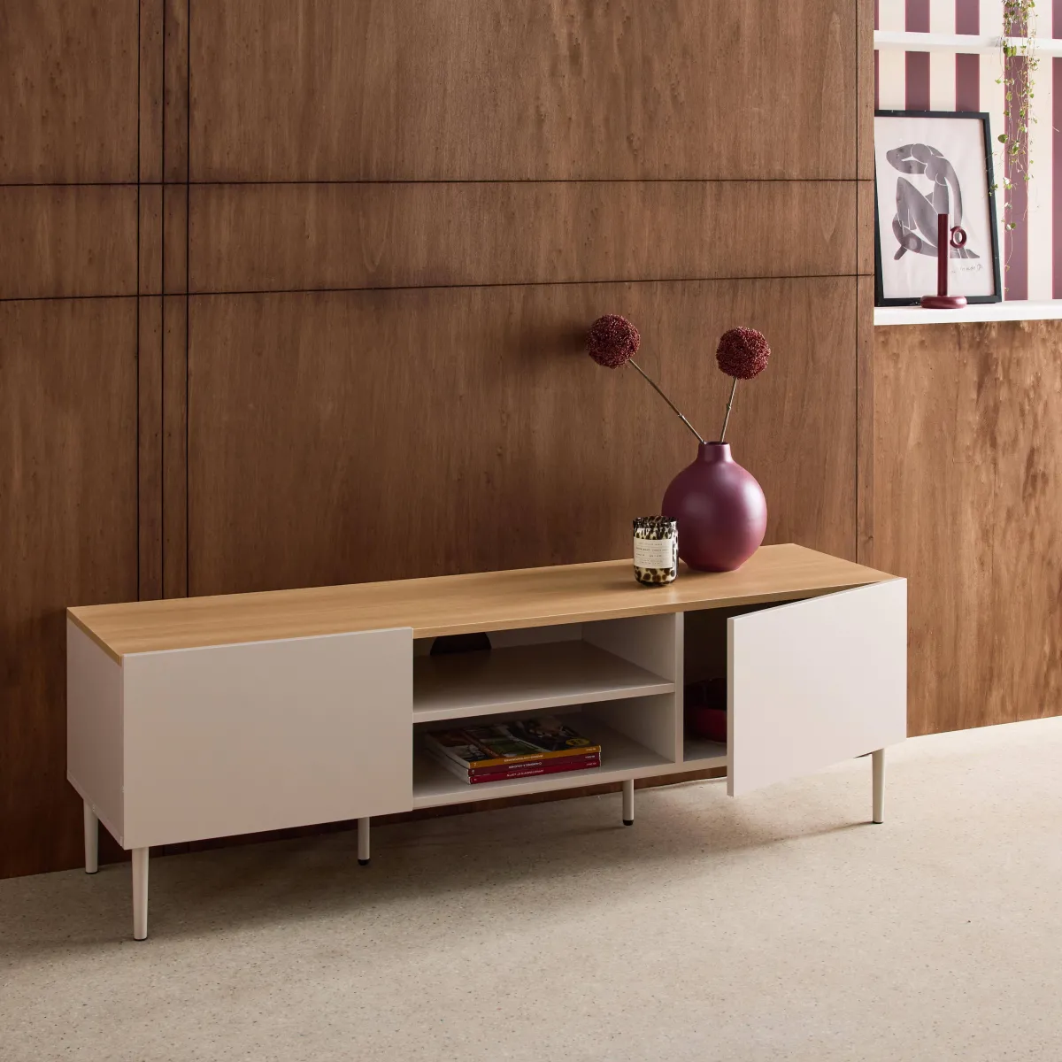 sweeek Mobile TV in metallo e decorazione in legno 2 ante, 140cm