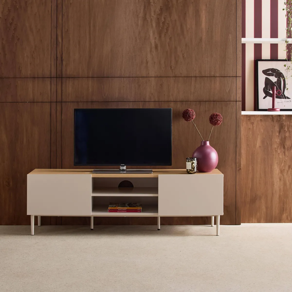 sweeek Mobile TV in metallo e decorazione in legno 2 ante, 140cm