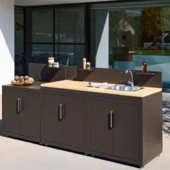 sweeek Modulo cucina da esterno acciaio e decorazione in legno, 3 moduli