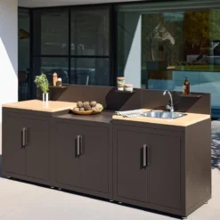 sweeek Modulo cucina da esterno acciaio e decorazione in legno, 3 moduli