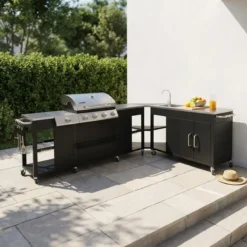 sweeek Modulo cucina da esterno con barbecue a 4 bruciatori, fuoco laterale, lavello e porta utensili