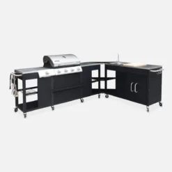 sweeek Modulo cucina da esterno con barbecue a 4 bruciatori, fuoco laterale, lavello e porta utensili