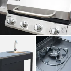 sweeek Modulo cucina da esterno con barbecue a 4 bruciatori, fuoco laterale, lavello e porta utensili