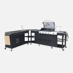 sweeek Modulo cucina da esterno con barbecue a 4 bruciatori, fuoco laterale, lavello e porta utensili