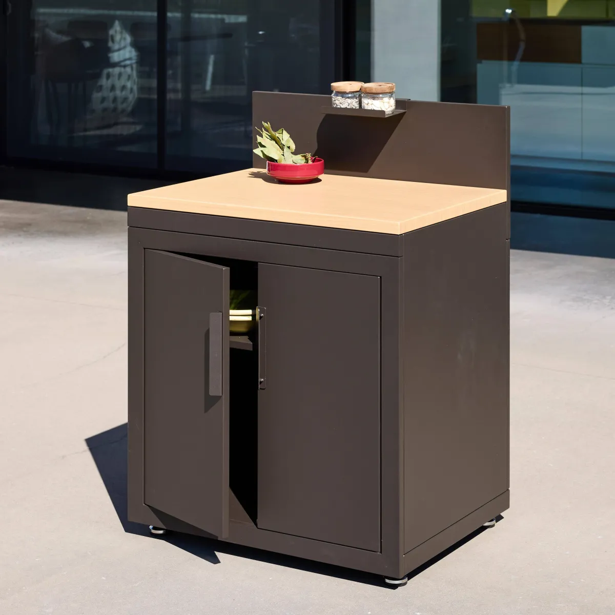 sweeek Modulo cucina da esterno in acciaio con dettagli in legno a 2 ante e 1 gancio, 80cm
