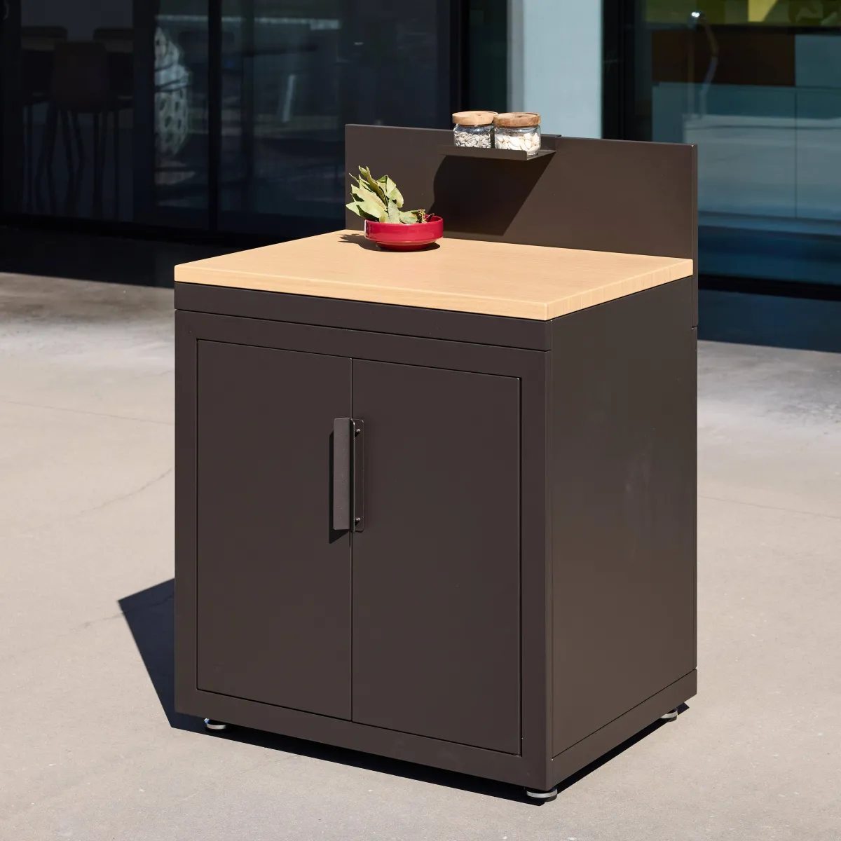 sweeek Modulo cucina da esterno in acciaio con dettagli in legno a 2 ante e 1 gancio, 80cm