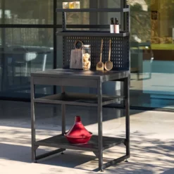 sweeek Modulo cucina da esterno in acciaio con 2 ripiani, 2 piani e supporto a parete, 80cm