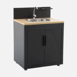 sweeek Modulo cucina da esterno in acciaio e decorazione in legno 1 lavello 2 ante 1 gancio, 80cm