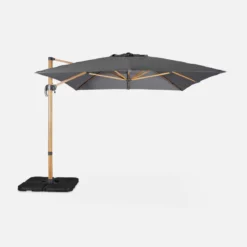 Ombrellone rettangolare eccentrico asta effetto legno, 3x4m + base 50x50cm