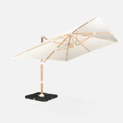 sweeek Ombrellone rettangolare eccentrico asta effetto legno, 3x4m + base 50x50cm