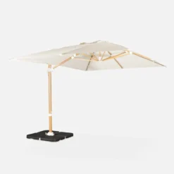 sweeek Ombrellone rettangolare eccentrico asta effetto legno, 3x4m + base 50x50cm