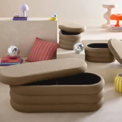 sweeek Panca contenitore con 2 pouf contenitori bouclé