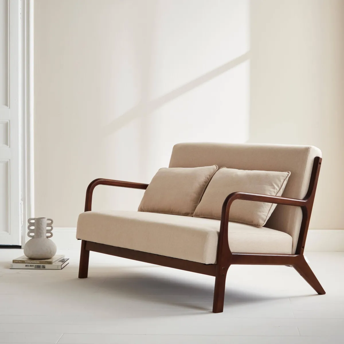 sweeek Panca stile scandinavo in legno di hevea e tessuto, 2 posti