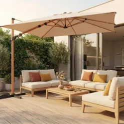 sweeek Parasol decentrato 3x3m quadrato, palo effetto legno