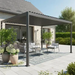 sweeek Pergola bioclimatica 3x3m con piedini arrotondati in alluminio e acciaio e lamelle orientabili