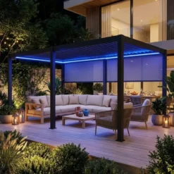 sweeek Pergola bioclimatica 3x6m elettrica in alluminio con LED + 2 tende 3m