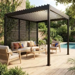 sweeek Pergola bioclimatica 3x3m in alluminio con lamelle orientabili V2 + 3 persiane