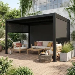 Pergola bioclimatica 3x4m in alluminio e acciaio + 2 tende 3m + 1 tenda 4m