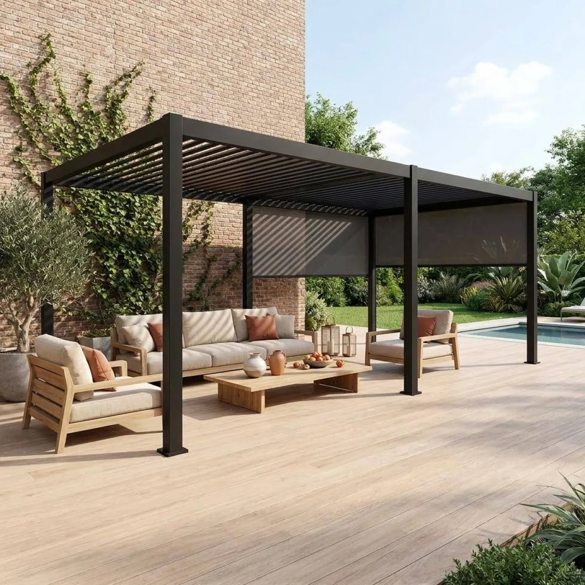 sweeek Pergola bioclimatica 3x6m in alluminio + 2 tende 3m