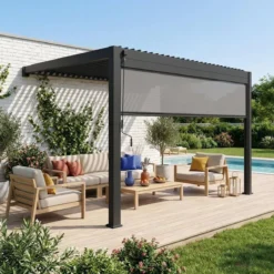 sweeek Pergola bioclimatica 3x4m in alluminio addossata + tenda 4m