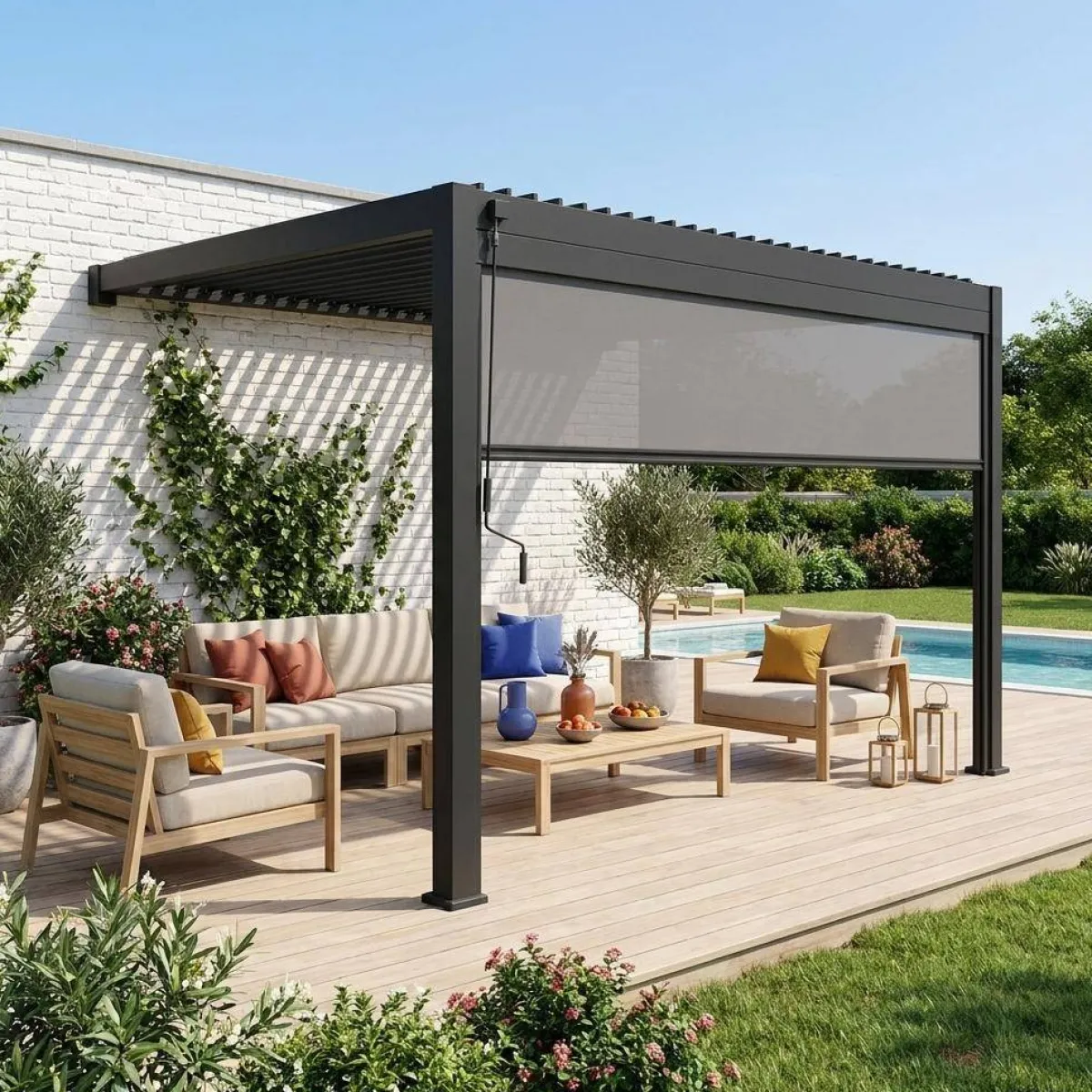 sweeek Pergola bioclimatica 3x4m in alluminio addossata + tenda 4m