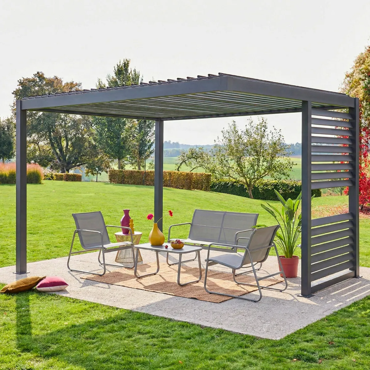 sweeek Pergola bioclimatica 3,5x3,5m in alluminio con lamelle orientabili + persiana