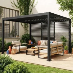 sweeek Pergola bioclimatica 3x4m in alluminio e acciaio + 3 persiane 1.3m con lamelle orientabili