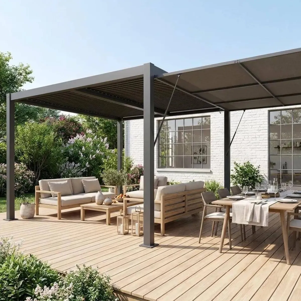 sweeek Pergola bioclimatica 3x4m in alluminio e acciaio + tenda 4m