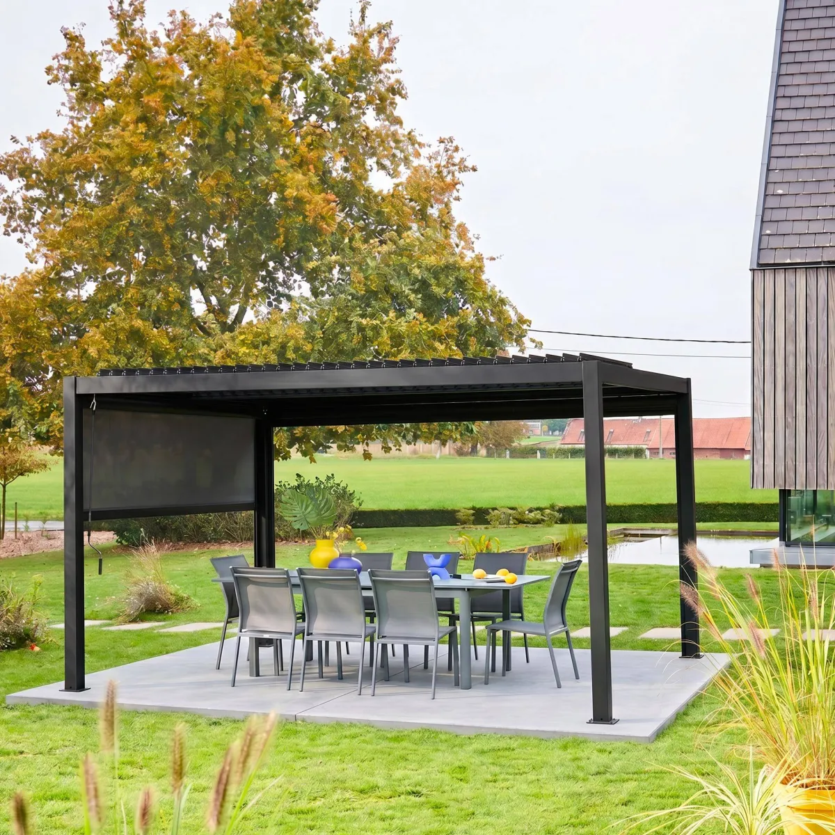 sweeek Pergola bioclimatica 3x4m in alluminio e acciaio + tenda 3m
