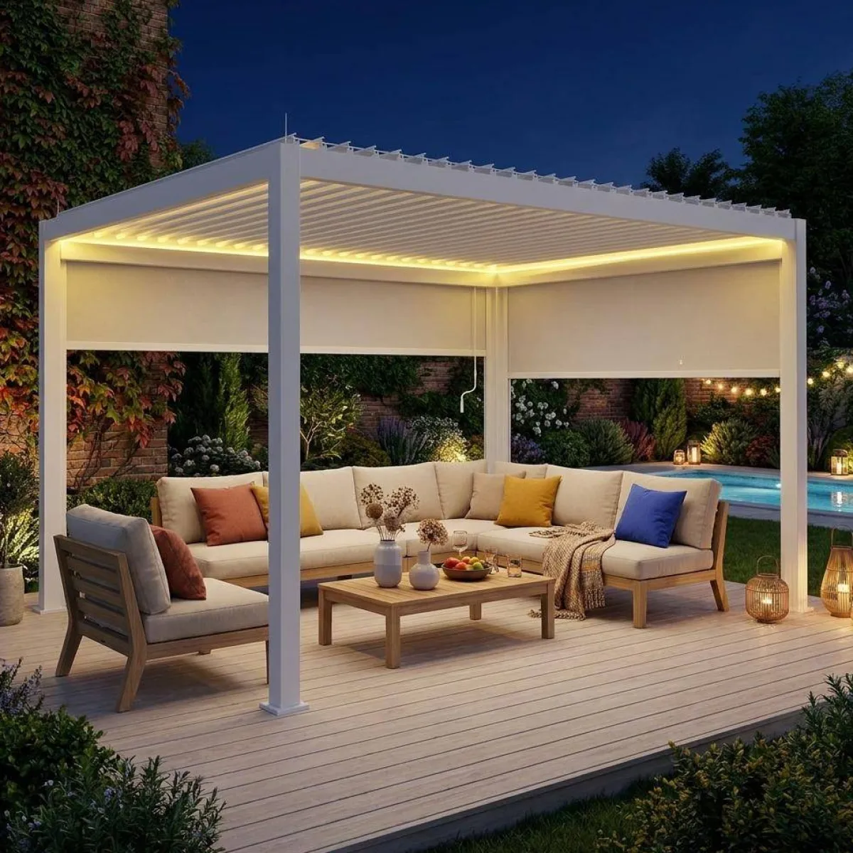 sweeek Pergola bioclimatica 3x4m in alluminio LED + tenda 3m + tenda 4m