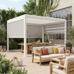 sweeek Pergola bioclimatica 3x4m in alluminio + 2 tende da 3m + 1 tenda da 4m
