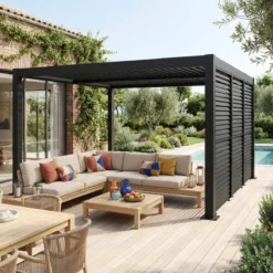 sweeek Pergola bioclimatica 3x4m in alluminio e acciaio + 3 tende 1m con lamelle orientabili