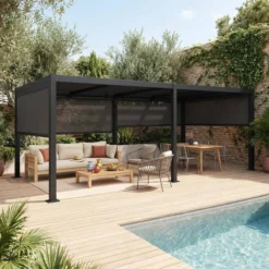 sweeek Pergola bioclimatica 3x6m in alluminio e acciaio + 4 tende 3m