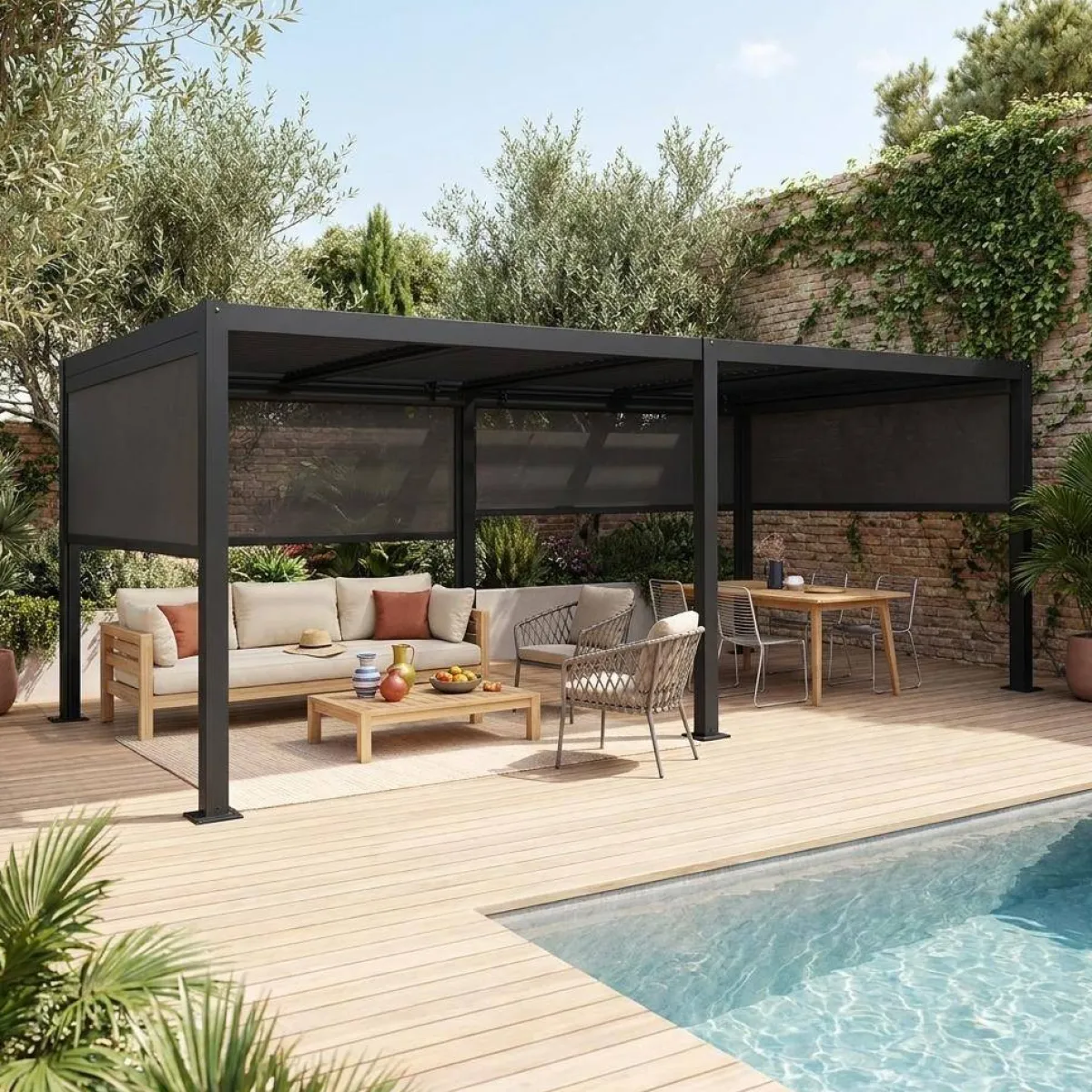 sweeek Pergola bioclimatica 3x6m in alluminio e acciaio + 4 tende 3m