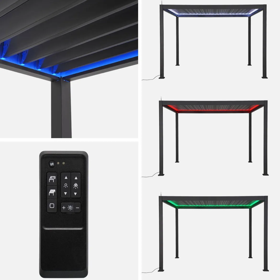 Pergola bioclimatica 3x4m motorizzata in alluminio LED + 1 tenda 3m
