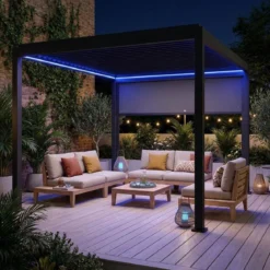 Pergola bioclimatica 3x4m motorizzata in alluminio LED + 1 tenda 3m