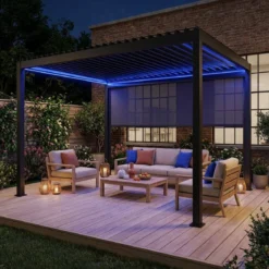 Pergola bioclimatica 3x4m motorizzata in alluminio LED + tenda 4m
