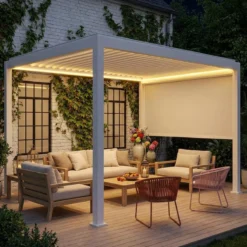 sweeek Pergola bioclimatica 3x4m motorizzata in alluminio LED + 1 tenda 3m