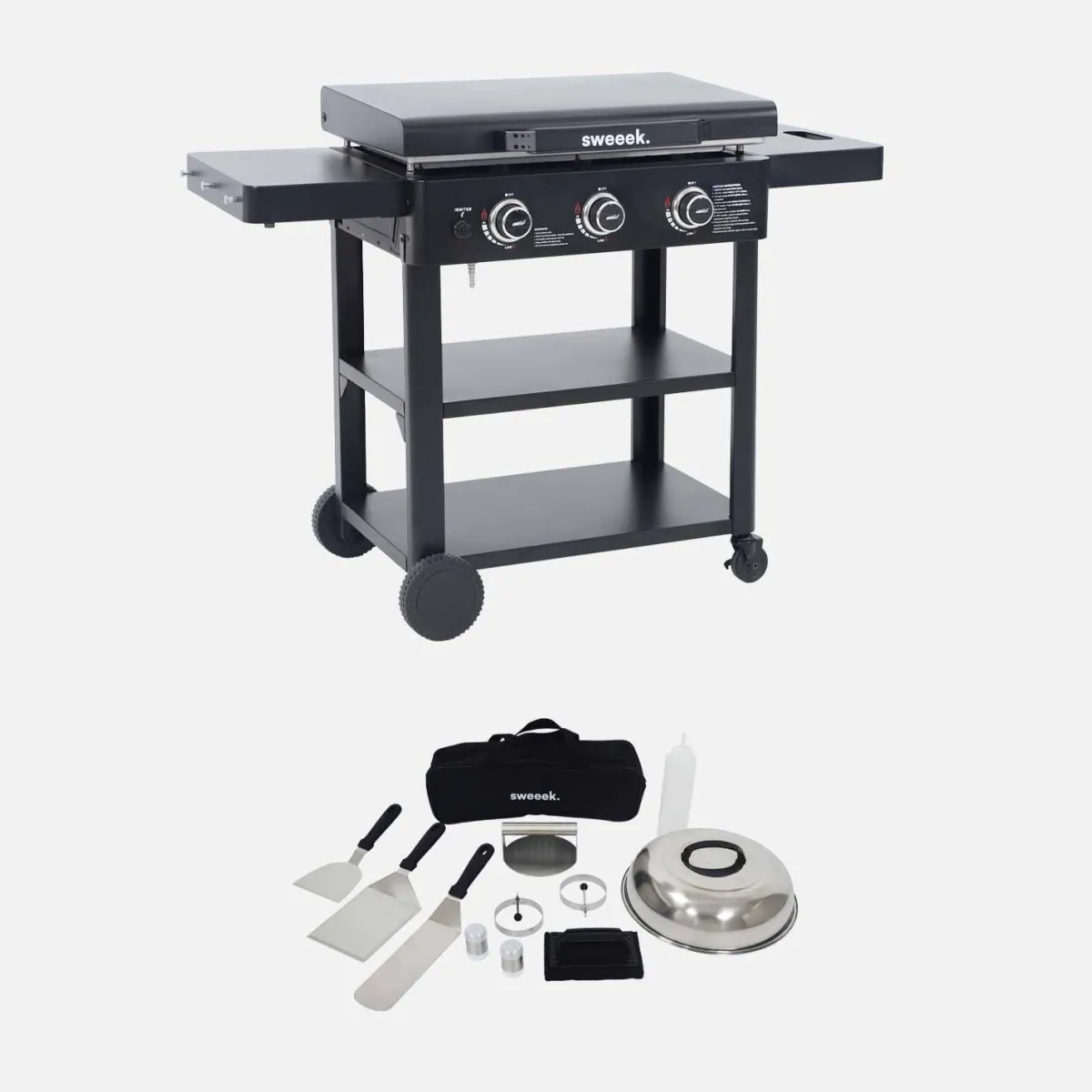 sweeek Piastra plancha a gas a 3 bruciatori con carrello e utensili