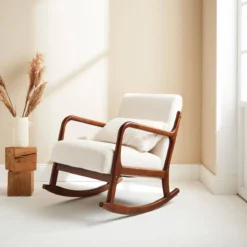 sweeek Poltrona a dondolo scandinava in legno e tessuto bouclé