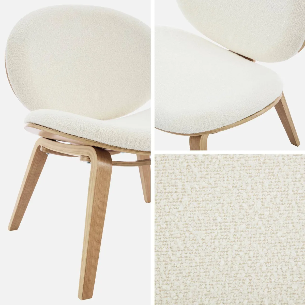 Poltrona con finiture effetto legno curvato e tessuto bouclé