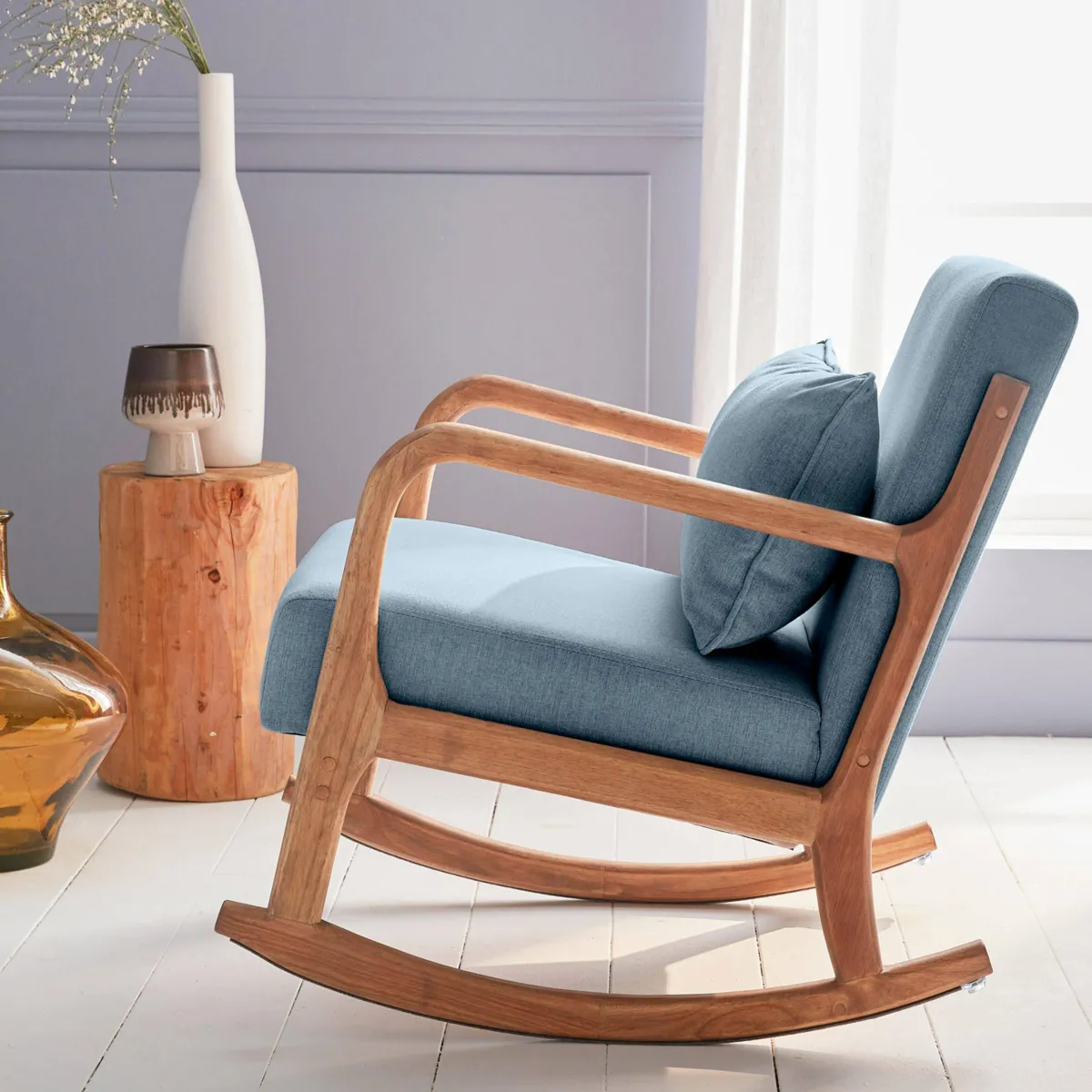 sweeek Poltrona scandinava a dondolo in legno e tessuto con braccioli