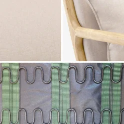Poltrona scandinava a dondolo in legno e tessuto con braccioli