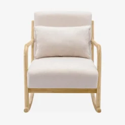 Poltrona scandinava a dondolo in legno e tessuto con braccioli
