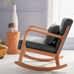 Poltrona scandinava a dondolo in legno e tessuto con braccioli