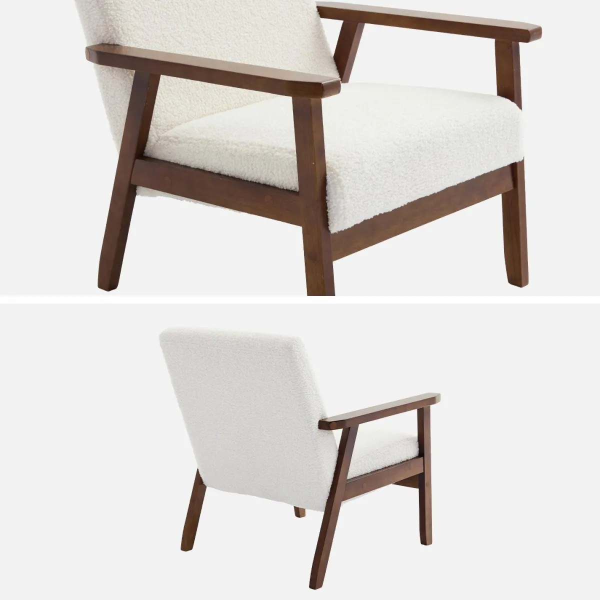 sweeek Poltrona scandinava bouclé in legno di hevea tinto noce chiaro