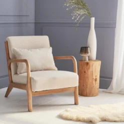 Poltrona scandinava in legno e tessuto con braccioli