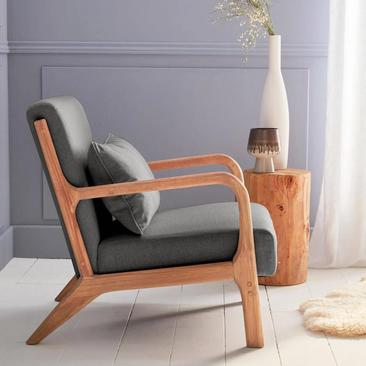sweeek Poltrona scandinava in legno e tessuto con braccioli