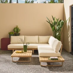 sweeek Salotto da giardino angolare in legno di acacia e alluminio, 5 posti